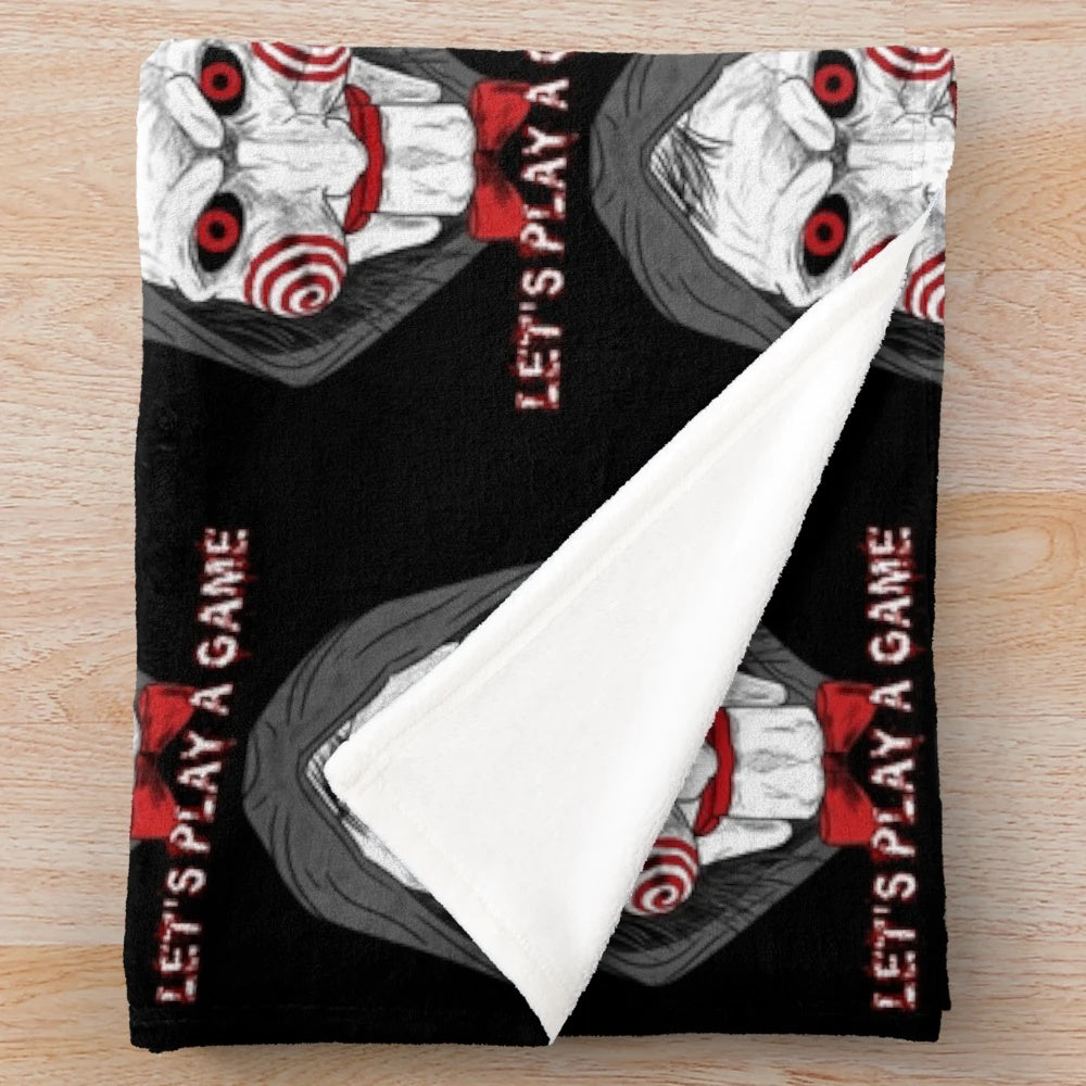 Saw horror movie fan art plush blanket with jigsaw puppet design