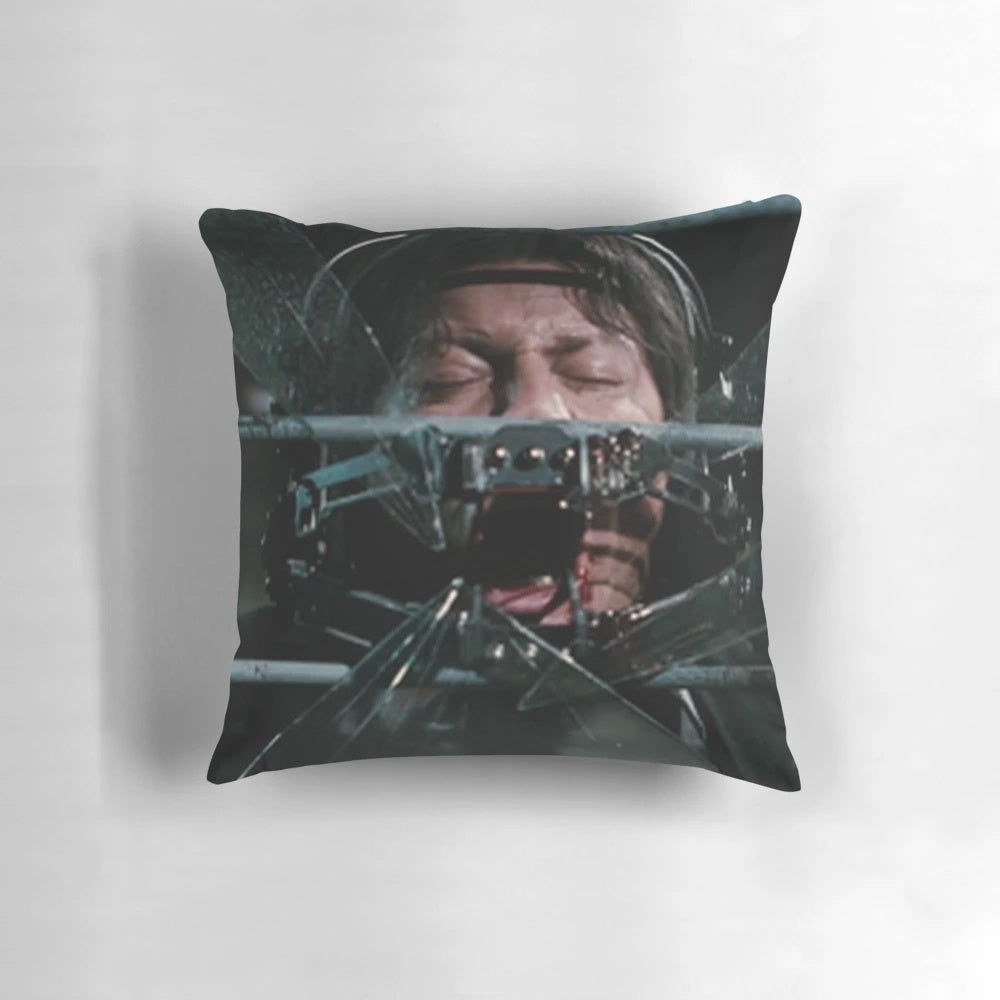 Saw-inspired pillow with horror movie trap design