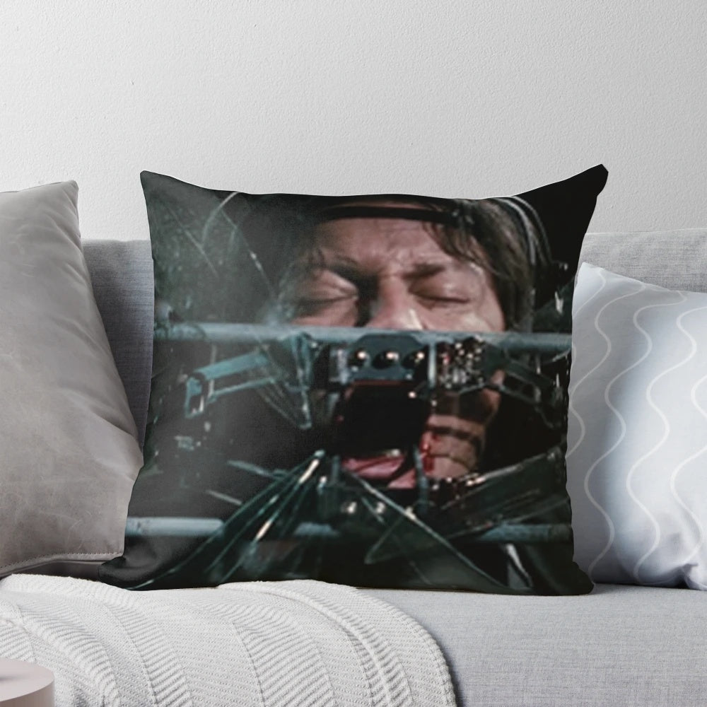 Saw-inspired pillow with horror movie trap design