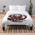 Saw-themed plush blanket with a kawaii tricycle design