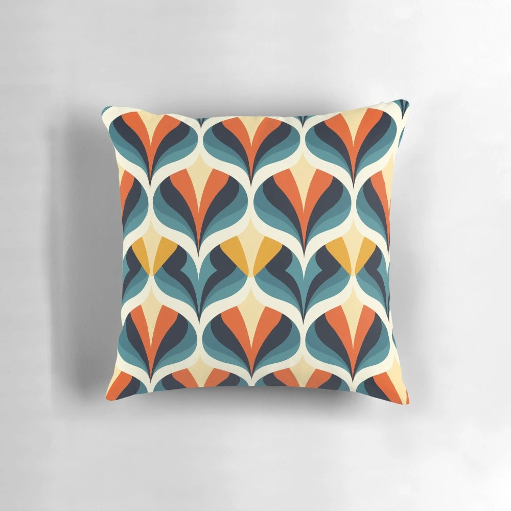 Vibrant mid-century modern inspired pillow with a bold honeycomb pattern in classic 60s colors.