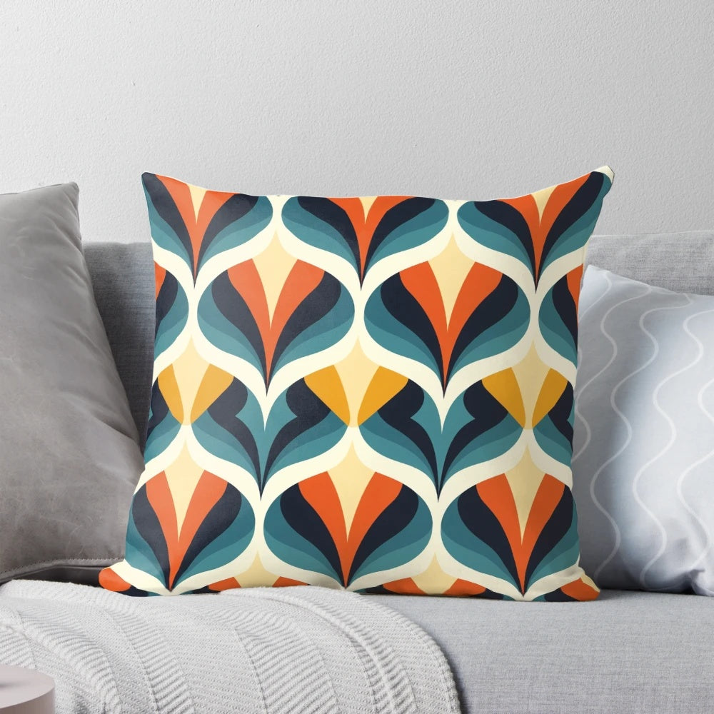 Vibrant mid-century modern inspired pillow with a bold honeycomb pattern in classic 60s colors.