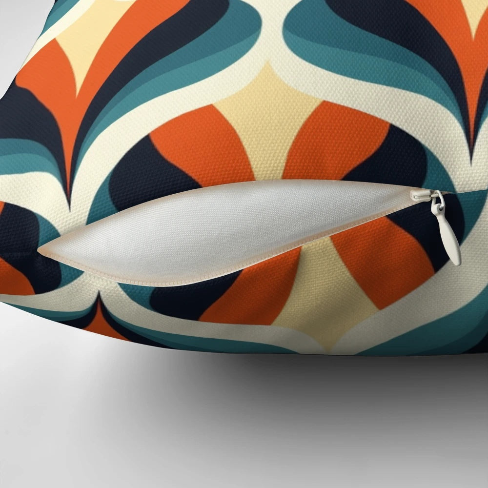 Vibrant mid-century modern inspired pillow with a bold honeycomb pattern in classic 60s colors.