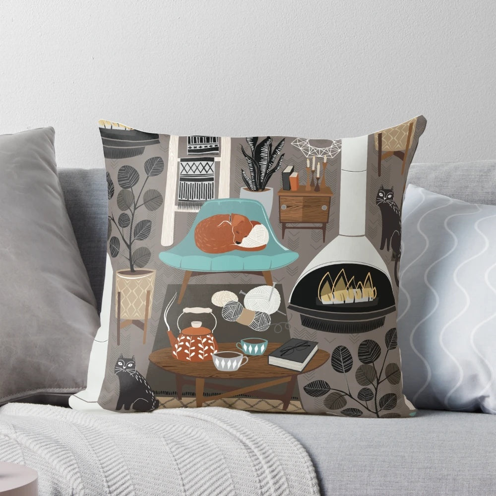 Soft, plush Scandi hygge pillow in neutral tones with a cozy, textured knit pattern
