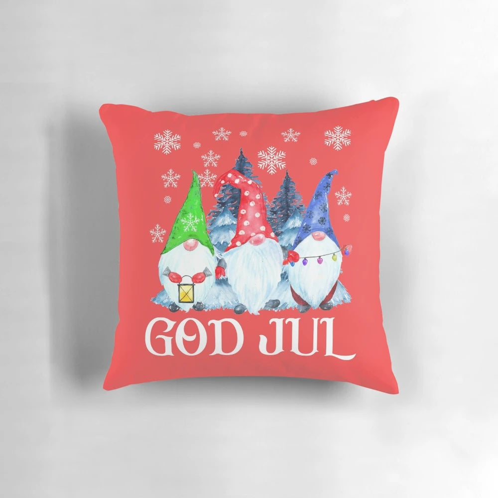 Scandinavian Christmas pillow featuring traditional Nordic gnomes, tomte, and nisse figures.