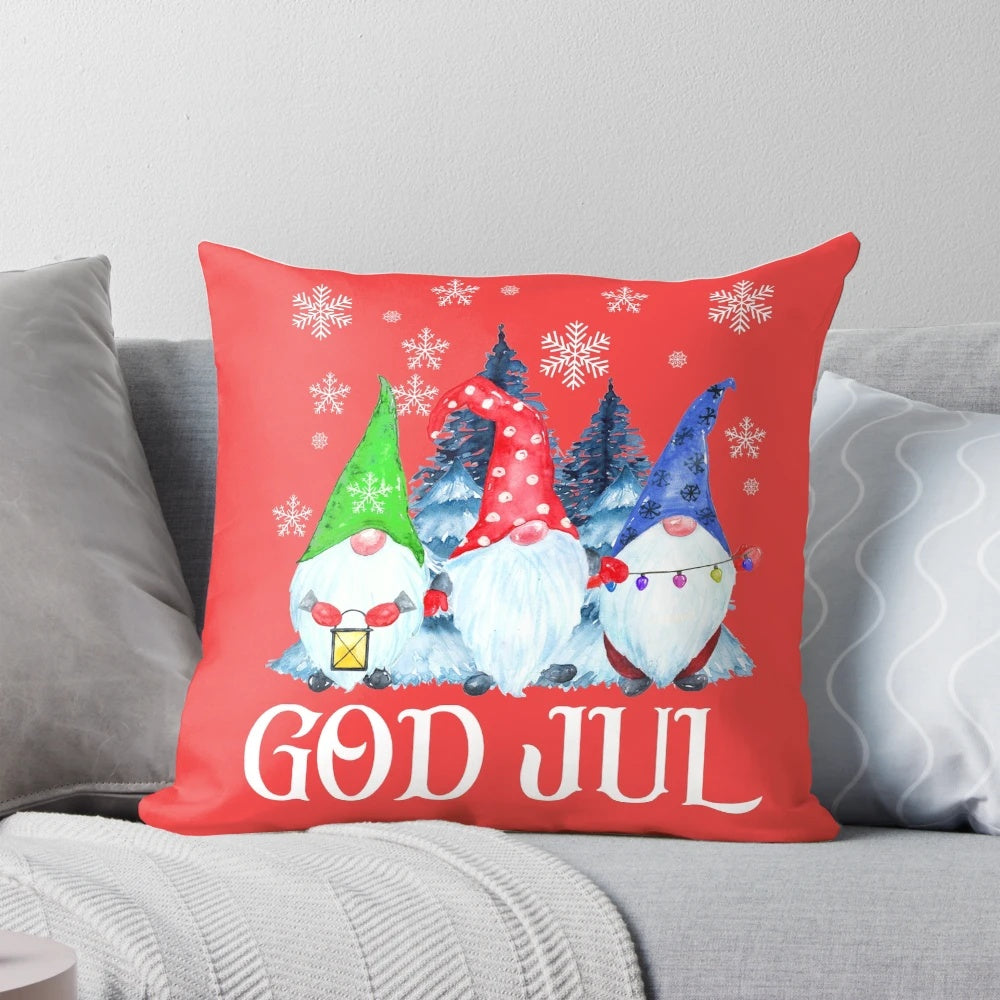 Scandinavian Christmas pillow featuring traditional Nordic gnomes, tomte, and nisse figures.