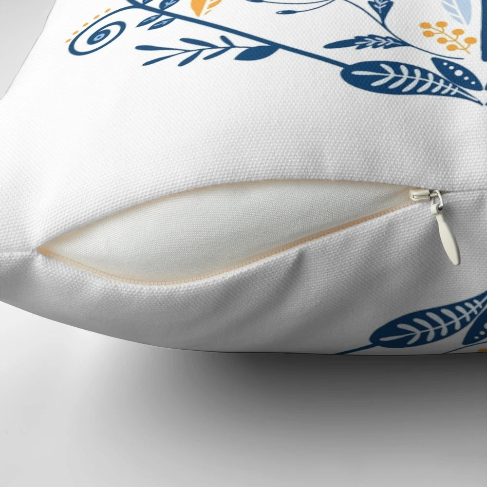 Stylish scandinavian folk art inspired cushion with mustard and blue flower pattern