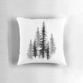 Dotwork black and white pillow design featuring a scandinavian forest landscape.