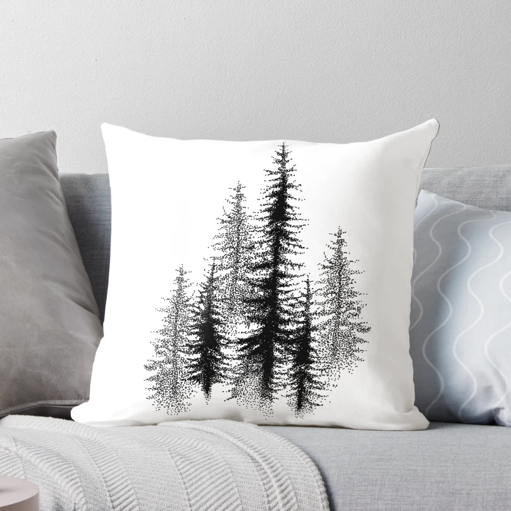 Dotwork black and white pillow design featuring a scandinavian forest landscape.