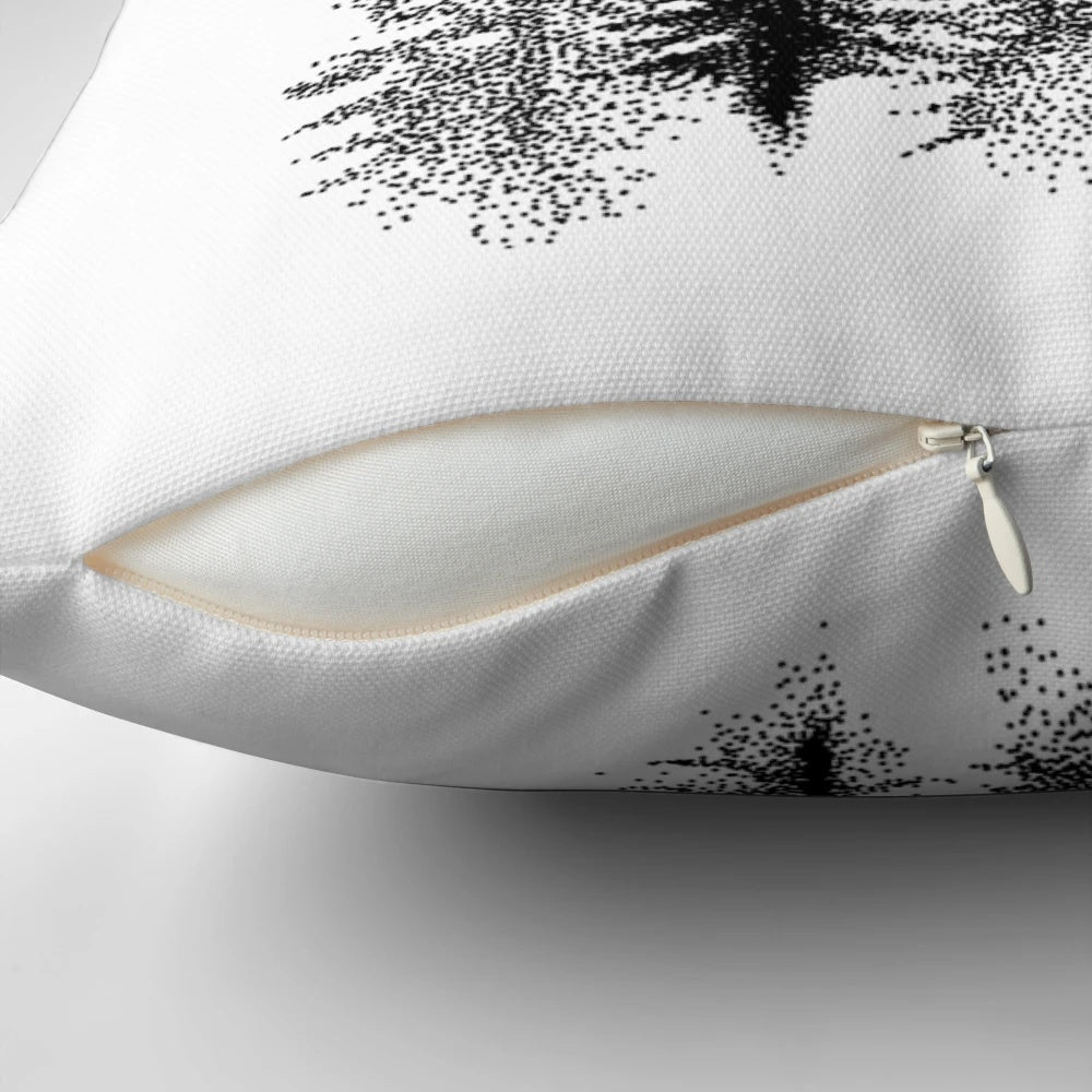 Dotwork black and white pillow design featuring a scandinavian forest landscape.