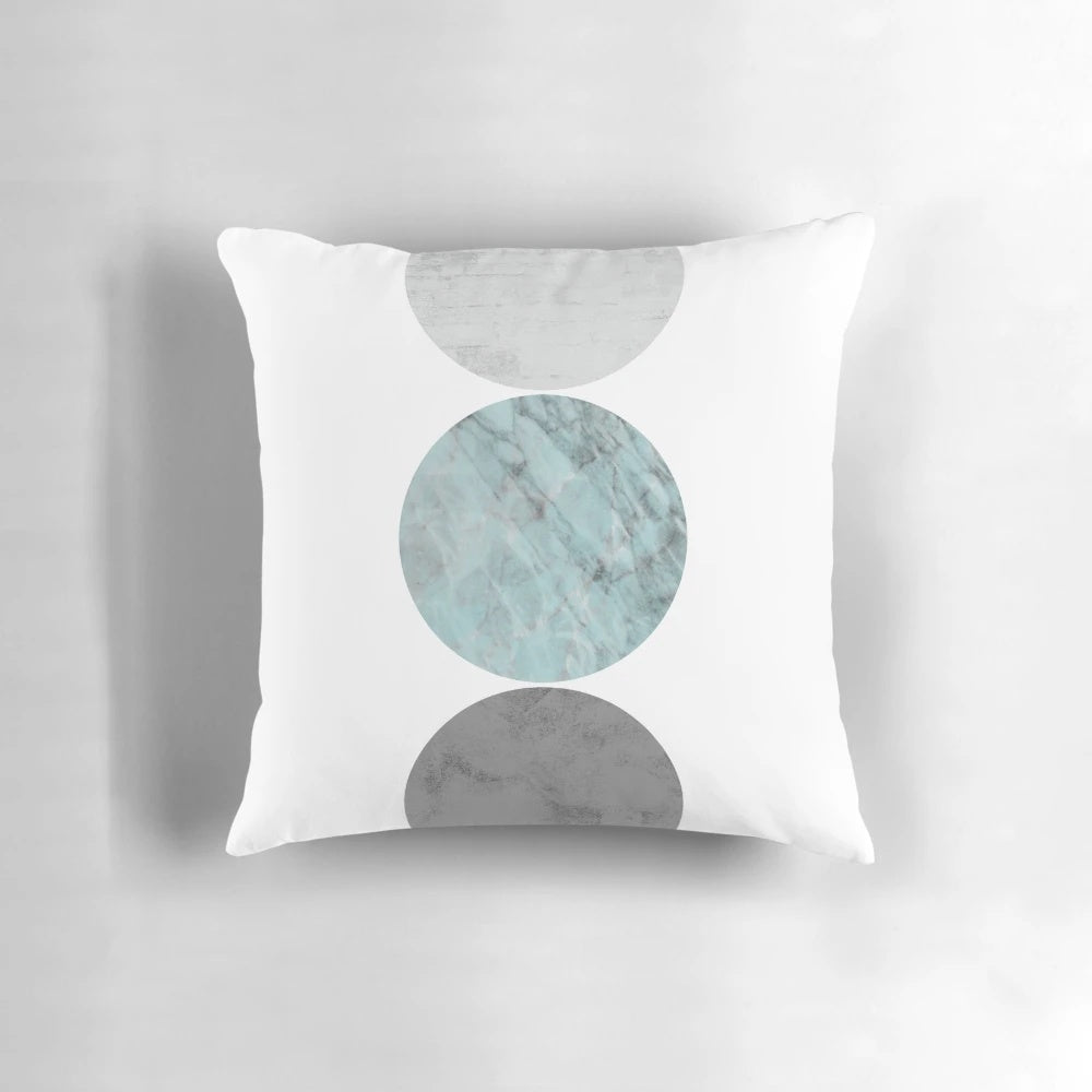3 circle teal and gray decorative throw pillow with a modern, minimalist design