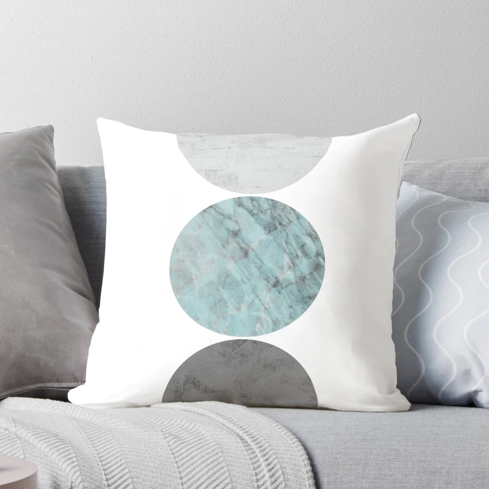 3 circle teal and gray decorative throw pillow with a modern, minimalist design