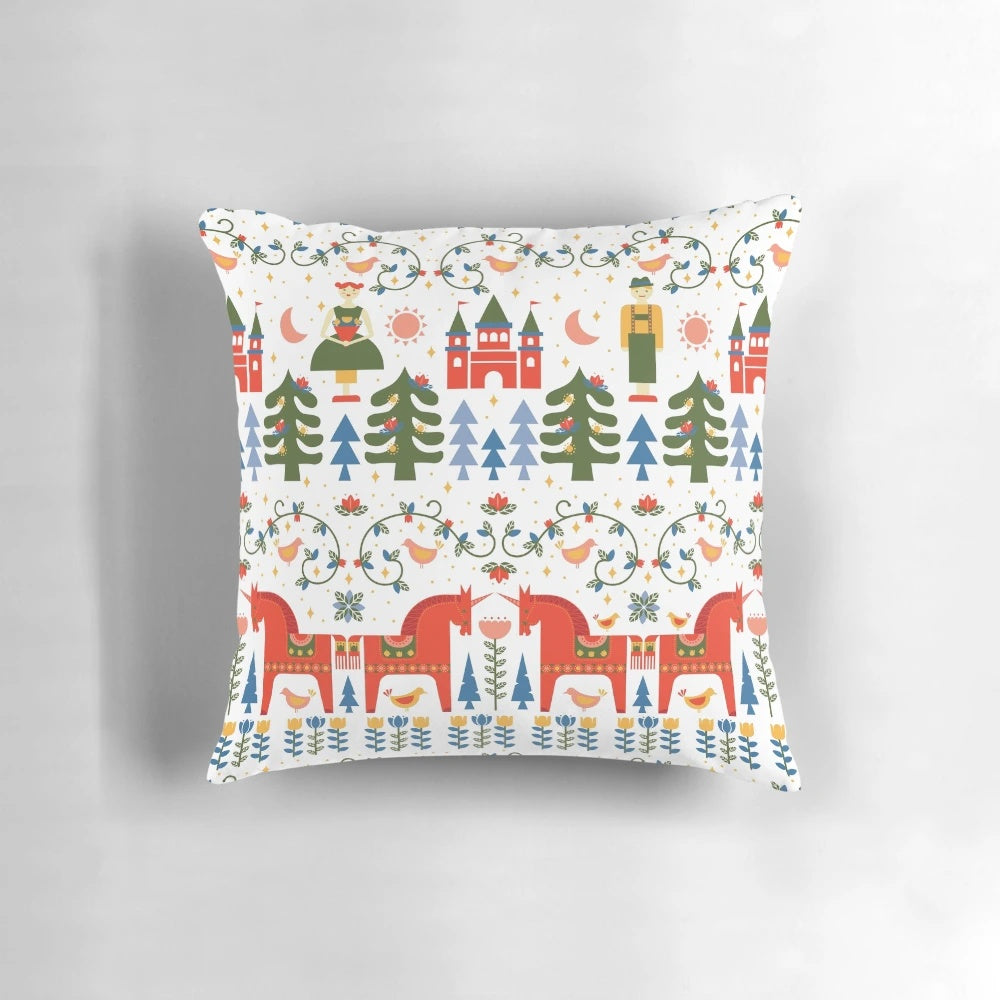 Scandinavian-style Christmas pillow in red and green colors, featuring a cozy and festive design.