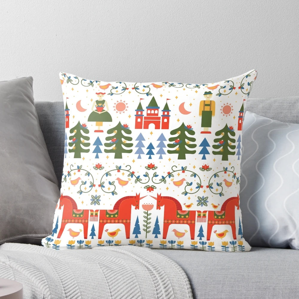 Scandinavian-style Christmas pillow in red and green colors, featuring a cozy and festive design.