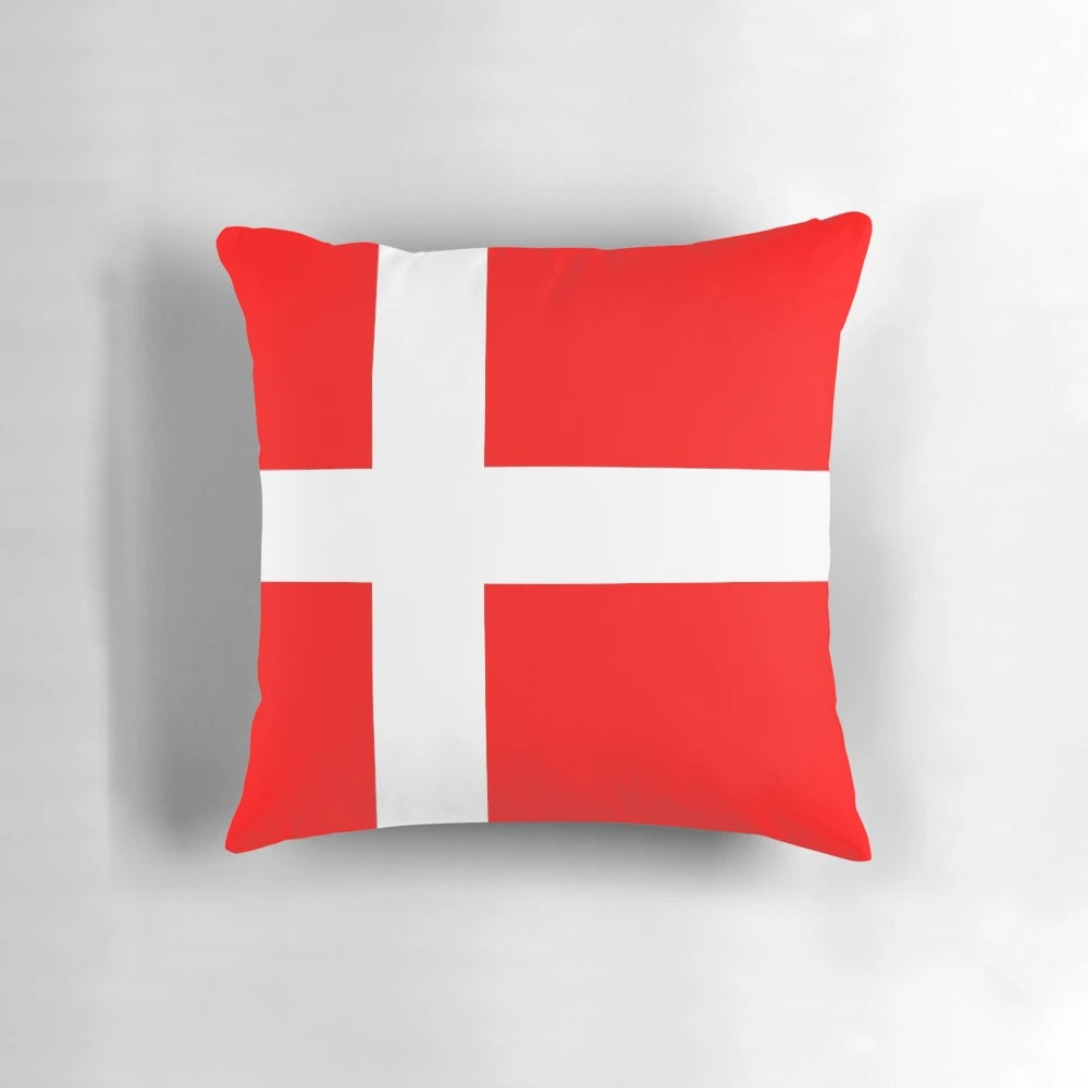 Cozy Danish flag-inspired throw pillow featuring the iconic red and white colors of the Scandinavian nation.