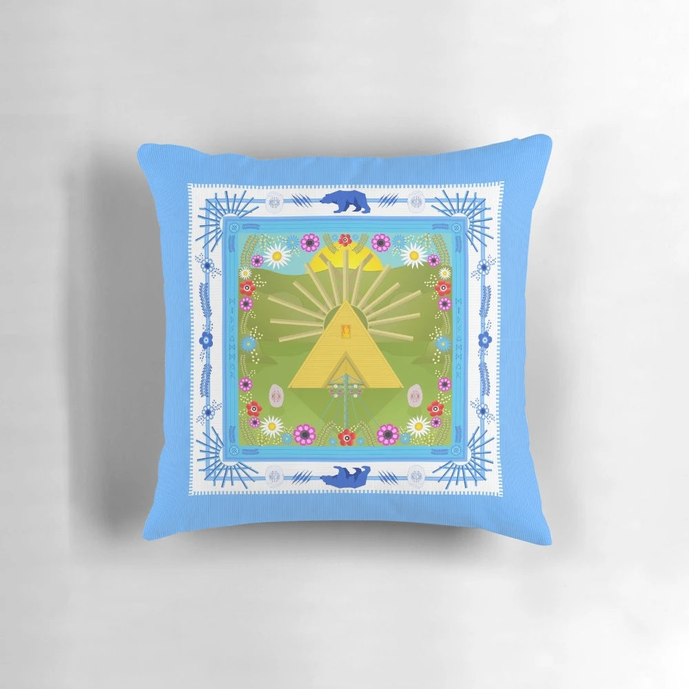 Decorative pillow featuring Scandinavian-inspired midsummer floral and nature imagery