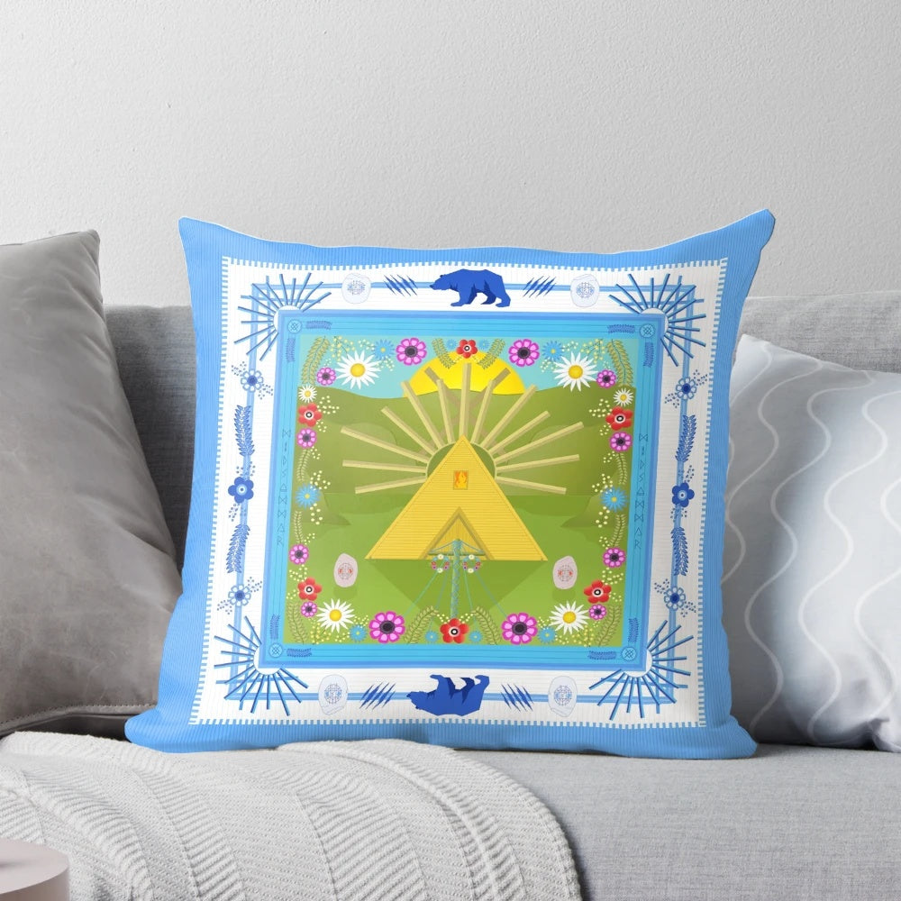 Decorative pillow featuring Scandinavian-inspired midsummer floral and nature imagery