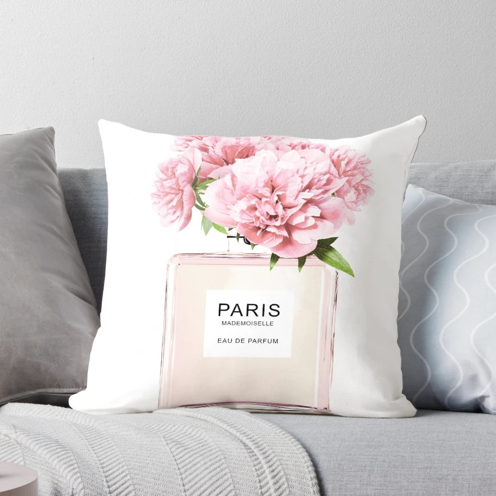 Scandinavian style peony floral print on a modern minimalist throw pillow