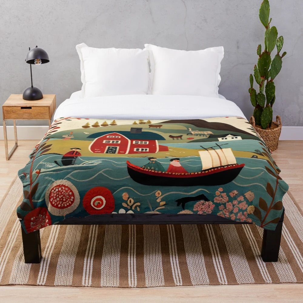 Scandinavian plush blanket featuring hand-drawn folk art inspired designs