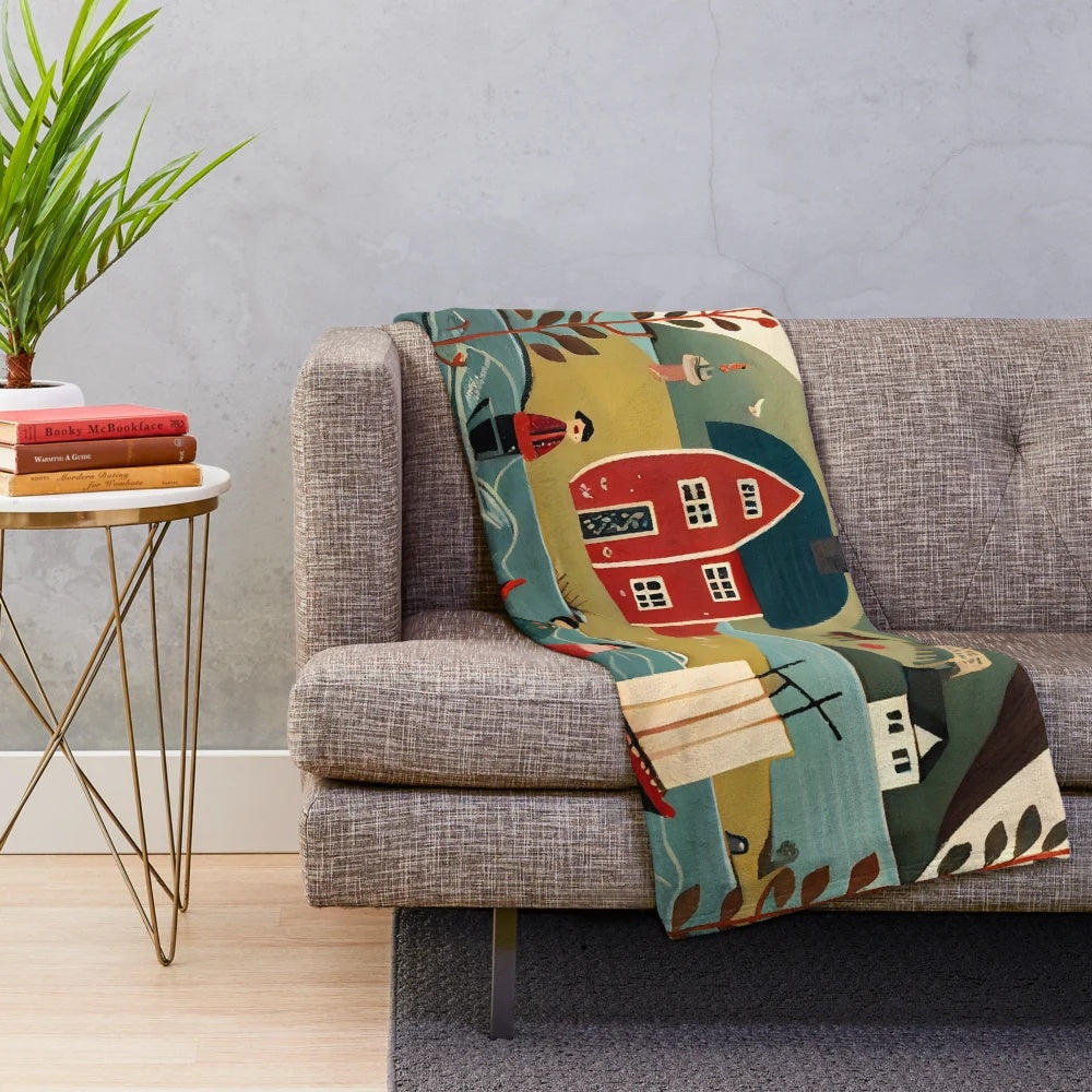 Scandinavian plush blanket featuring hand-drawn folk art inspired designs