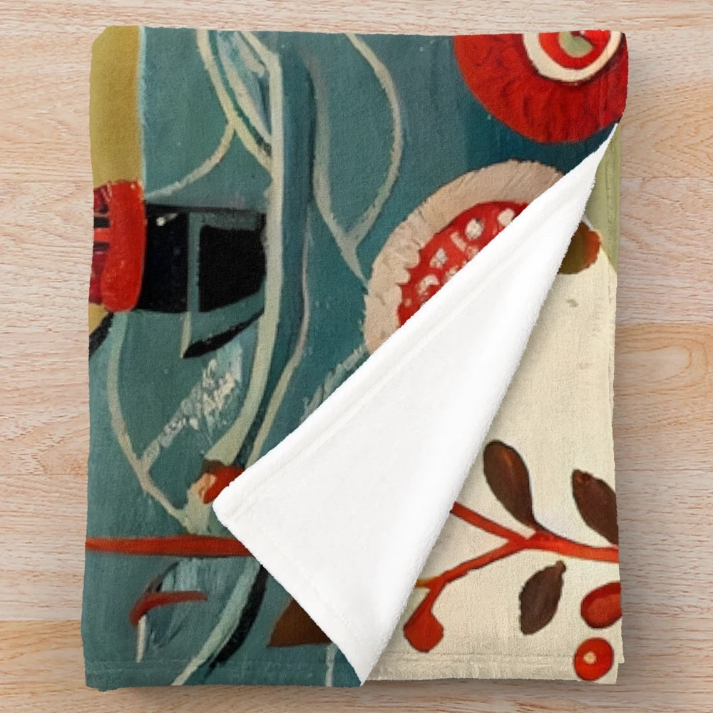 Scandinavian plush blanket featuring hand-drawn folk art inspired designs