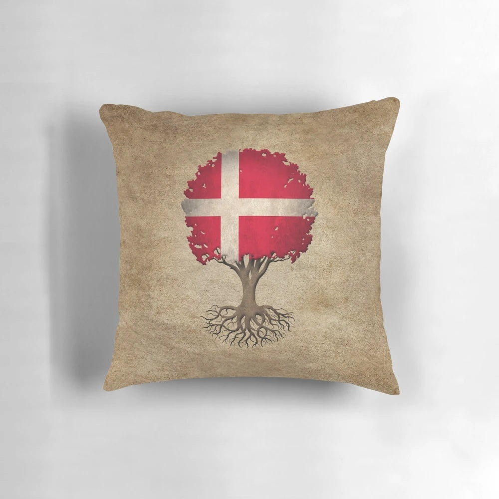 Vibrant throw pillow featuring a nature-inspired tree of life design and the iconic Danish flag, perfect for Scandinavian-style home decor.