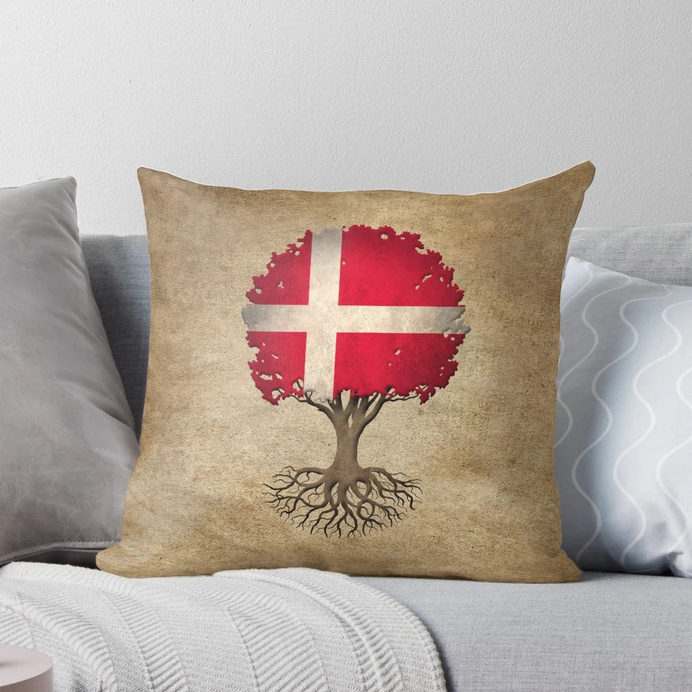 Vibrant throw pillow featuring a nature-inspired tree of life design and the iconic Danish flag, perfect for Scandinavian-style home decor.