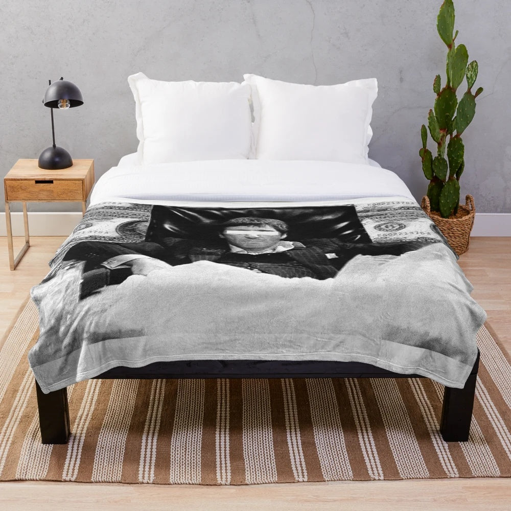 Scarface-inspired plush blanket with black and white design