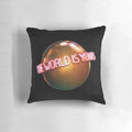 Scarface-themed throw pillow featuring the quote "The World Is Yours" from the iconic film