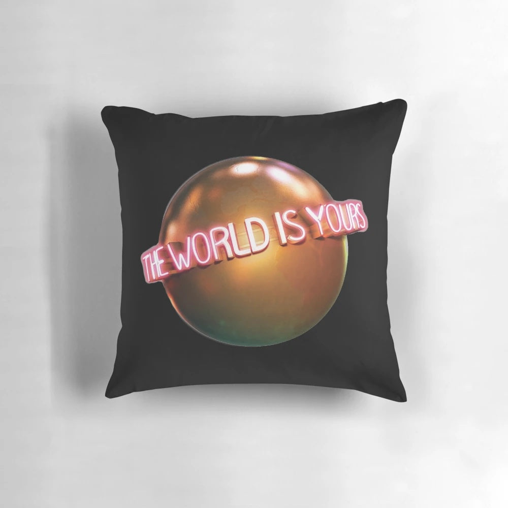 Scarface-themed throw pillow featuring the quote "The World Is Yours" from the iconic film