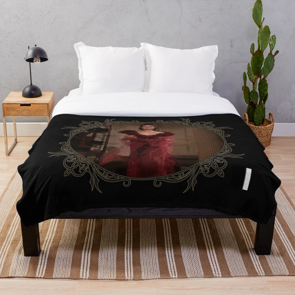 Scarlett-inspired red plush blanket featuring the iconic dress from the classic film Gone with the Wind