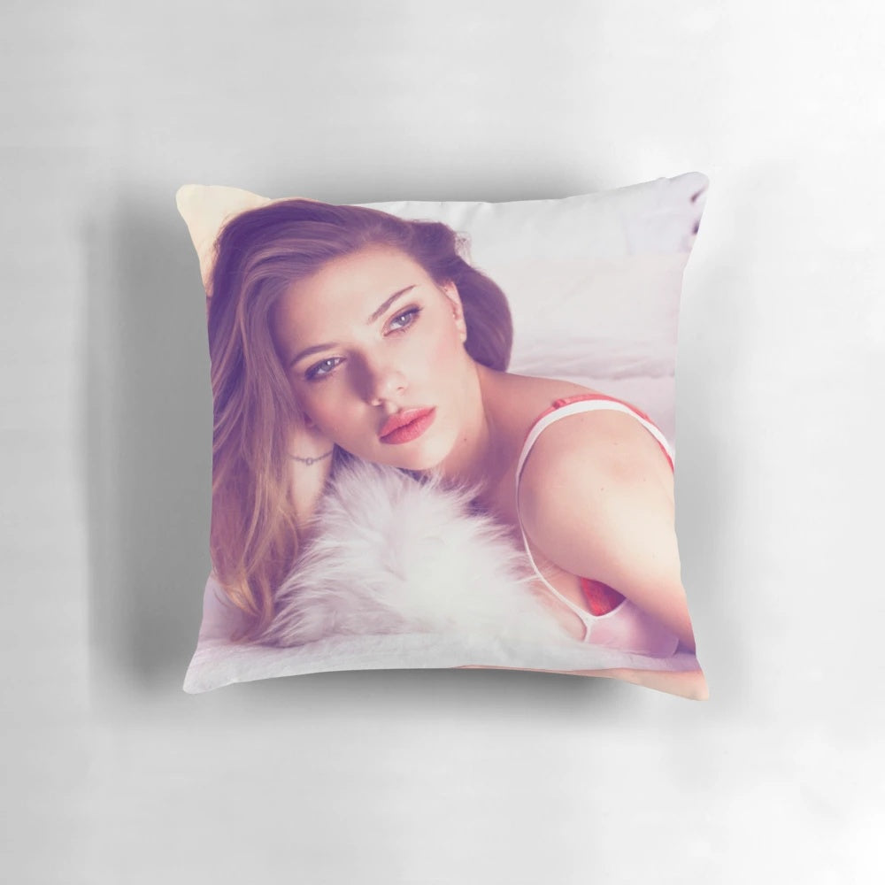 Soft plush pillow featuring a portrait of actress Scarlett Johansson as the Marvel superhero Black Widow.