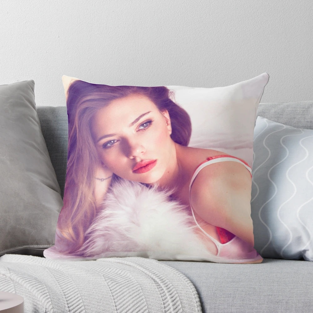 Soft plush pillow featuring a portrait of actress Scarlett Johansson as the Marvel superhero Black Widow.