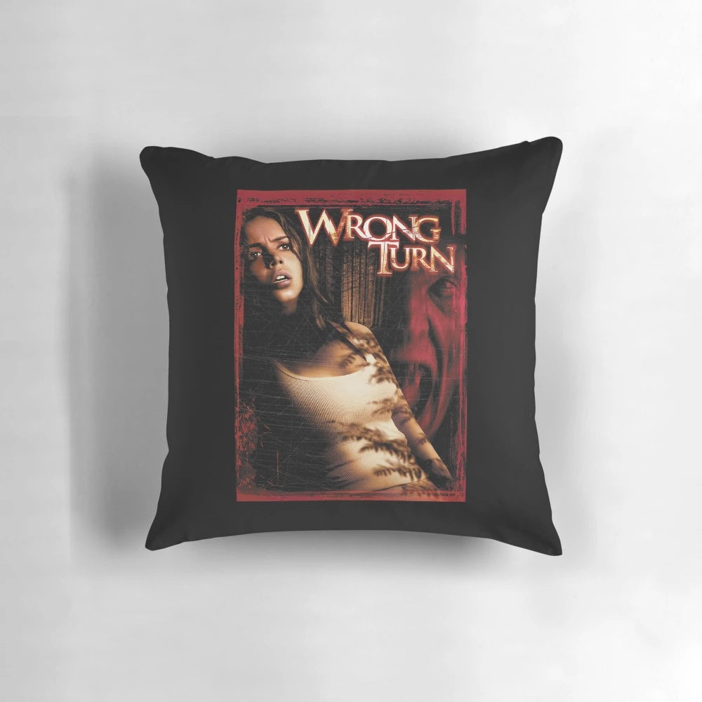 A plush pillow featuring the "Wrong Turn" horror movie logo and imagery, ideal as a birthday gift for fans of slasher films.