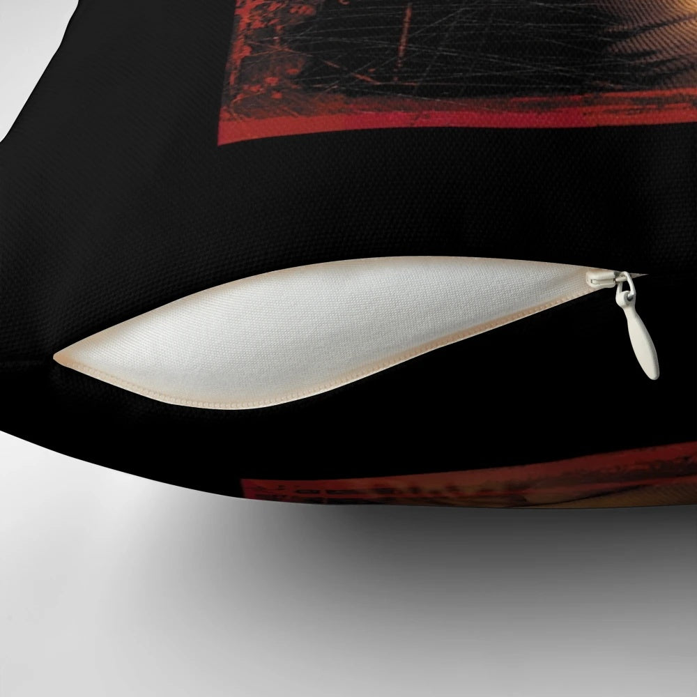 A plush pillow featuring the "Wrong Turn" horror movie logo and imagery, ideal as a birthday gift for fans of slasher films.
