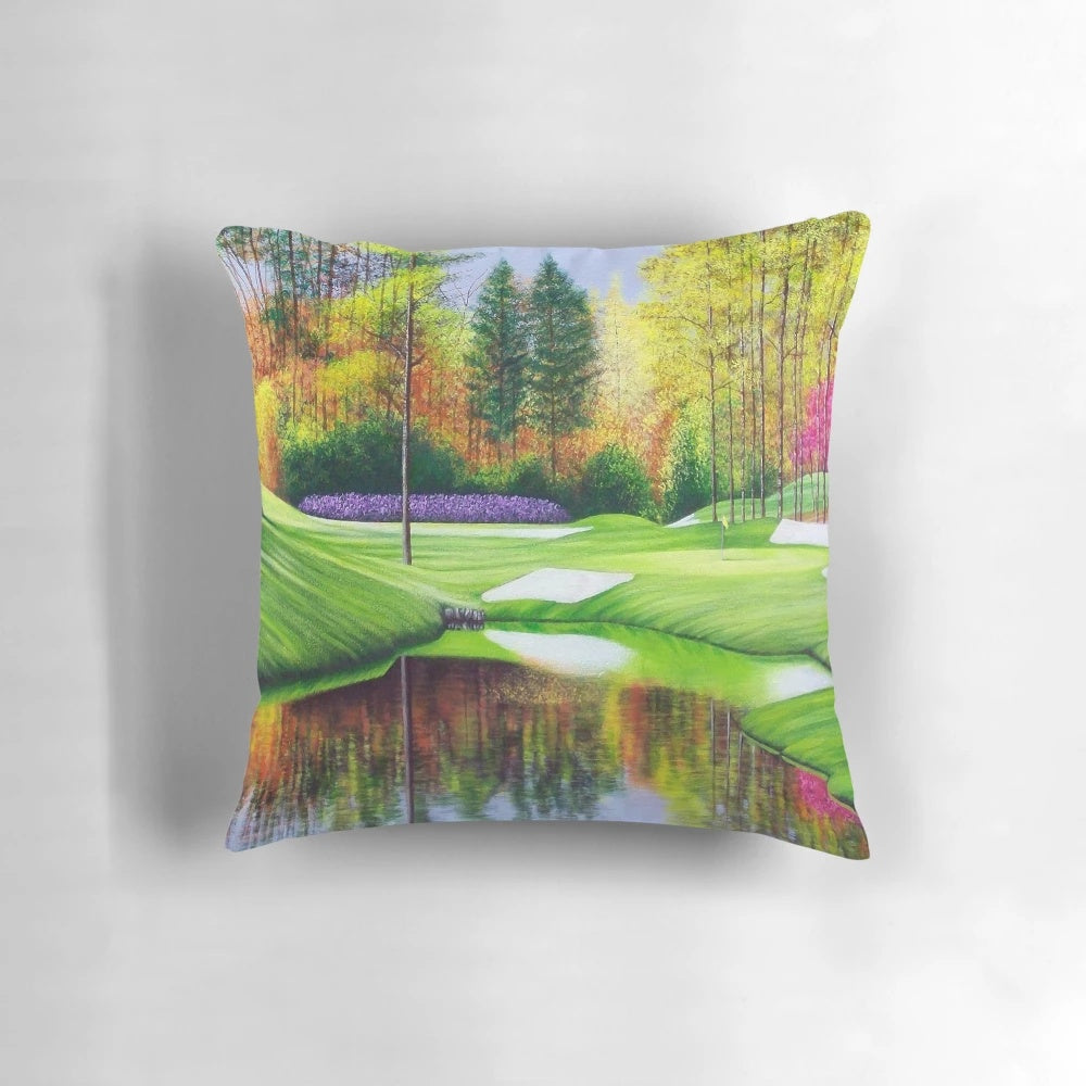 Colorful and painterly decorative pillow featuring the 16th hole at Augusta National Golf Course
