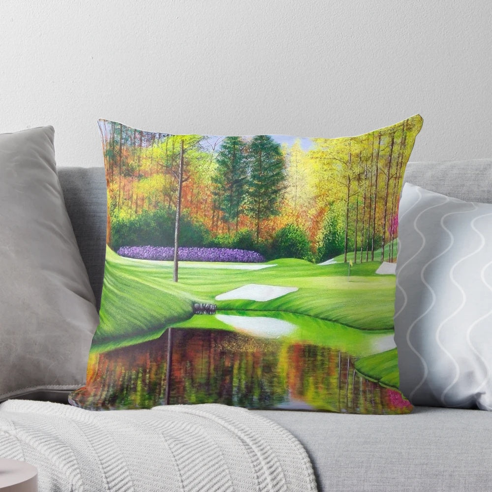 Colorful and painterly decorative pillow featuring the 16th hole at Augusta National Golf Course