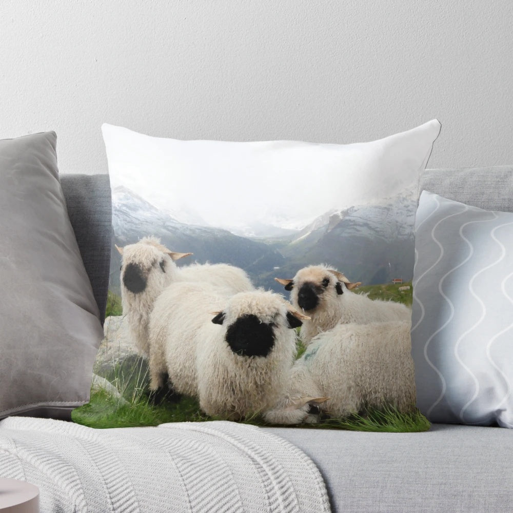 Black nose sheep in the Swiss Alps, a cozy mountain-inspired pillow design