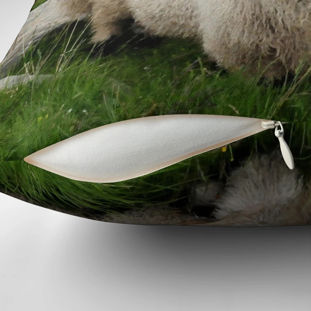 Black nose sheep in the Swiss Alps, a cozy mountain-inspired pillow design
