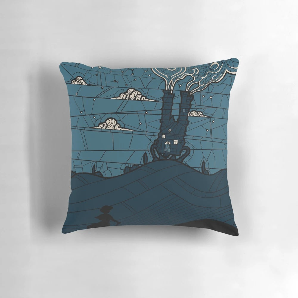 Illustration of a whimsical castle in the sky on a decorative pillow