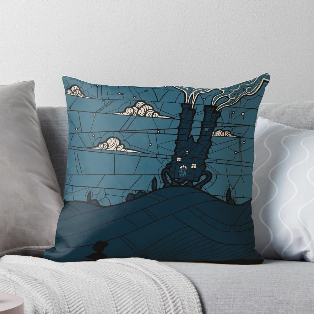 Illustration of a whimsical castle in the sky on a decorative pillow