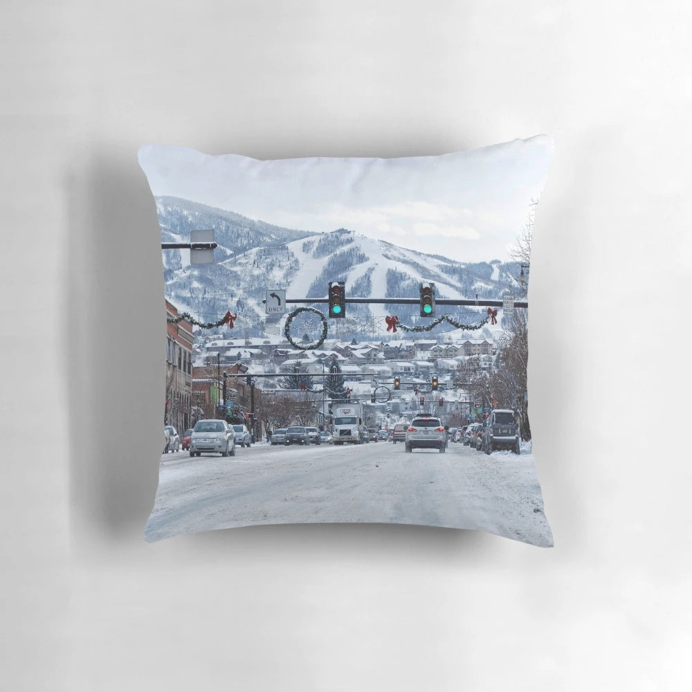 Scenic pillow featuring a snowy mountain landscape from Steamboat Springs, Colorado