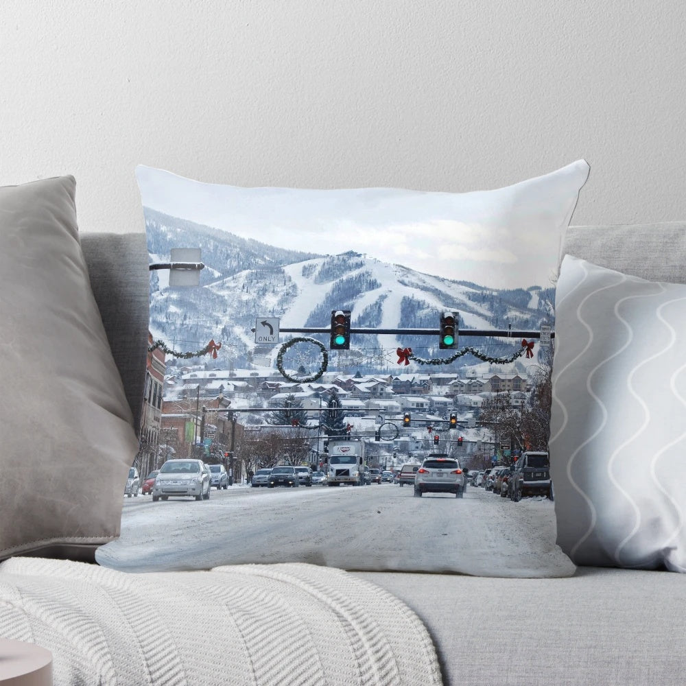 Scenic pillow featuring a snowy mountain landscape from Steamboat Springs, Colorado