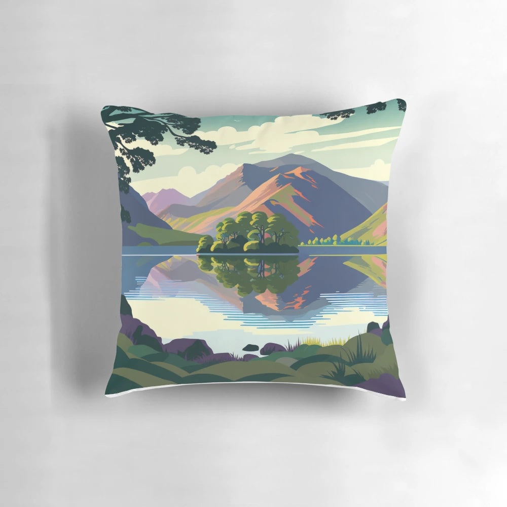Vibrant pillow showcasing the stunning landscapes of the Lake District in England, including lakes, fells, mountains, and forests.