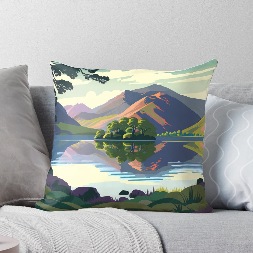 Vibrant pillow showcasing the stunning landscapes of the Lake District in England, including lakes, fells, mountains, and forests.