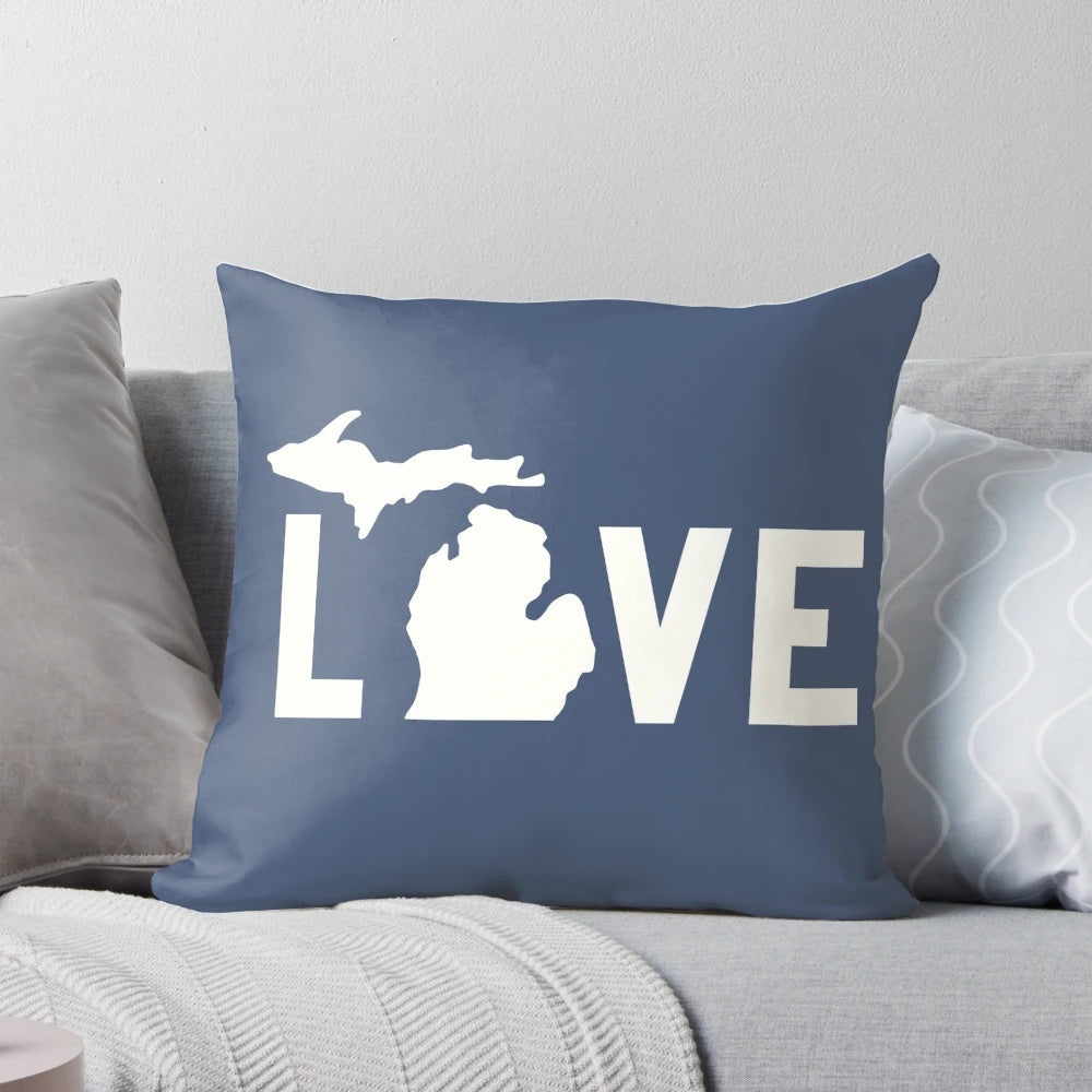 All white pillow with a scenic design featuring the Great Lakes region of Michigan