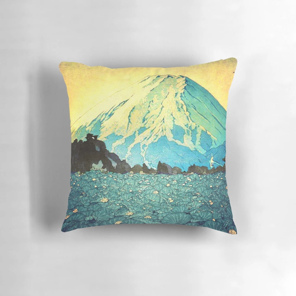 Serene landscape pillow featuring a mountain lake with water lilies, forests, and a golden sunset sky reflection