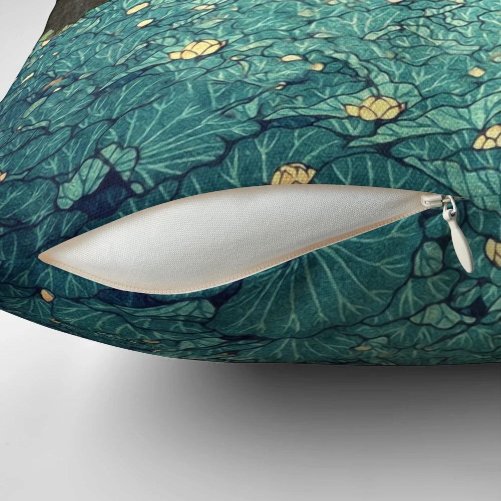 Serene landscape pillow featuring a mountain lake with water lilies, forests, and a golden sunset sky reflection