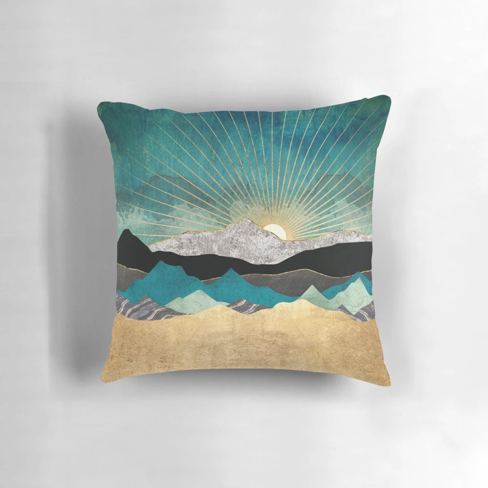 Peacock Vista Pillow with a scenic landscape design featuring blue, green, and gold colors
