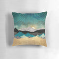 Peacock Vista Pillow with a scenic landscape design featuring blue, green, and gold colors